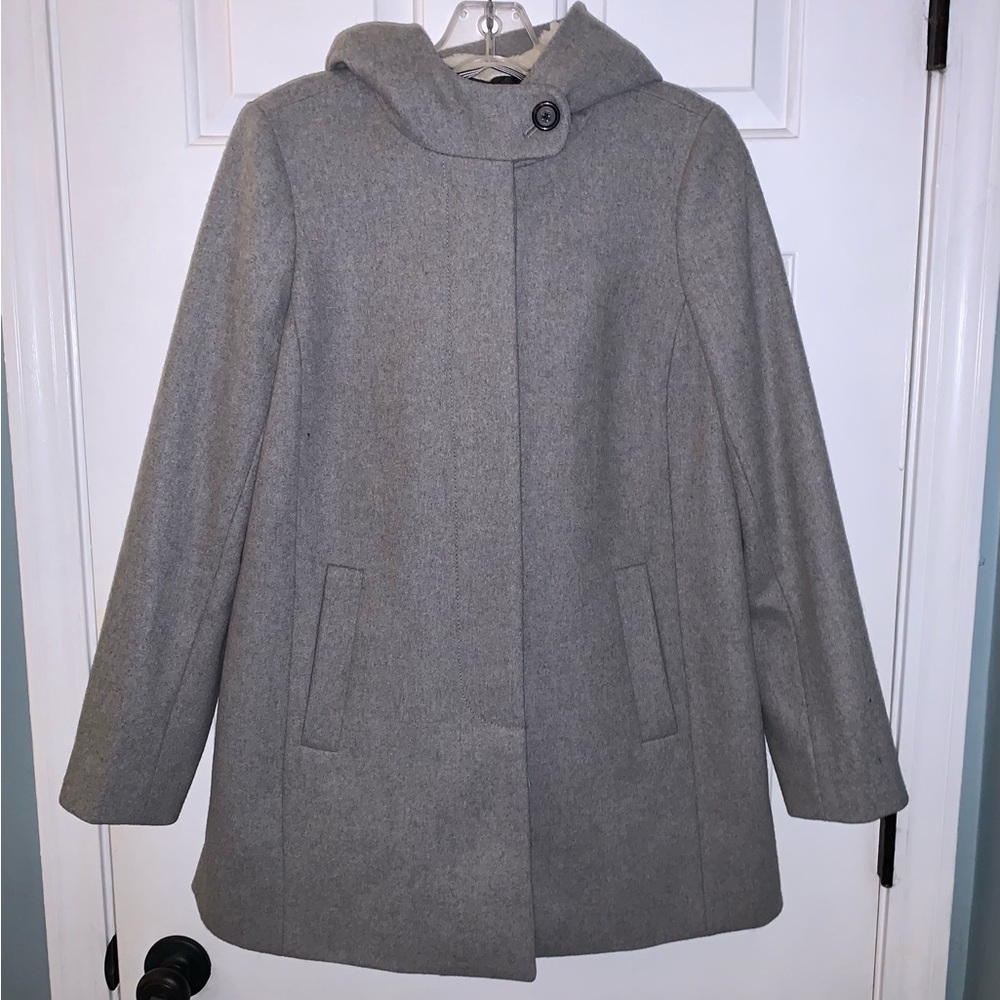 J. Crew Gray Italian Wool Swingy Coat W/ Faux Fur Hood